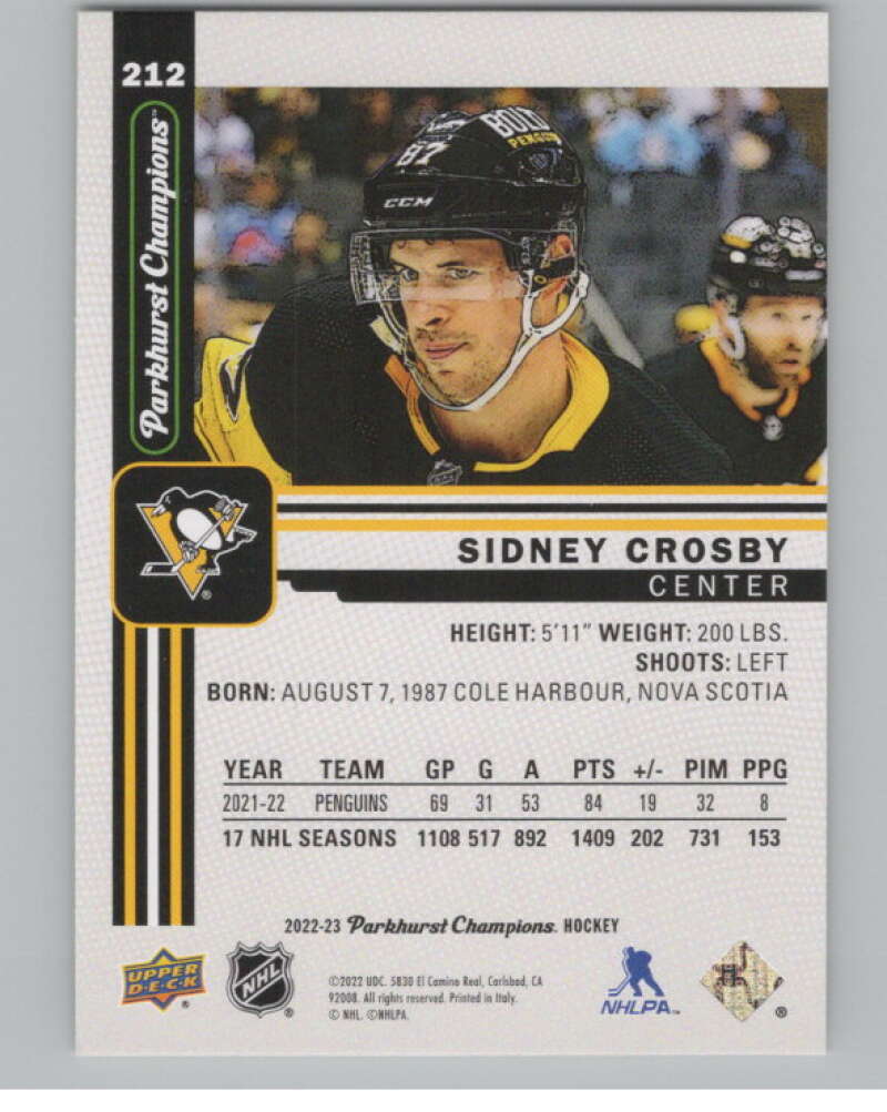 2022-23 Upper Deck Parkhurst Champions #212 Sidney Crosby Penguins  V100153 Image 2