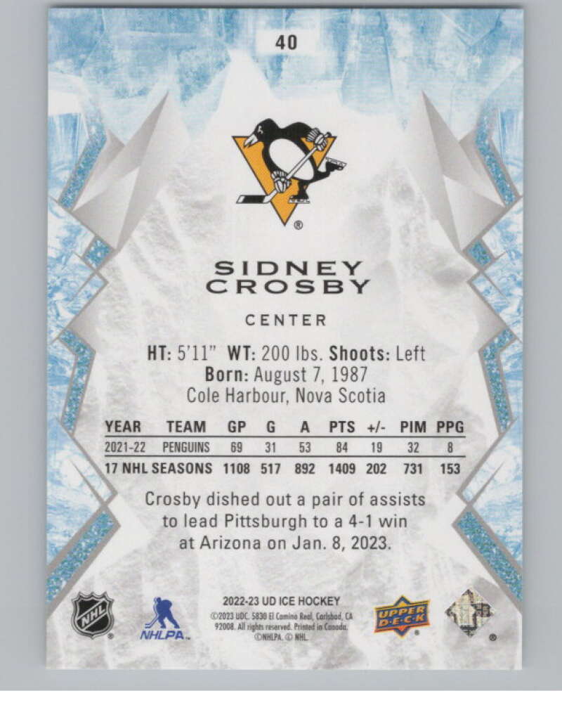 2022-23 Upper Deck Ice #40 Sidney Crosby  Pittsburgh Penguins  V100185 Image 2