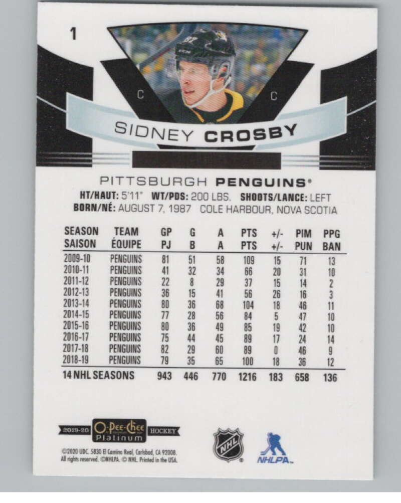 2019-20 O-Pee-Chee Platinum #1 Sidney Crosby  Pittsburgh Penguins  V100186 Image 2