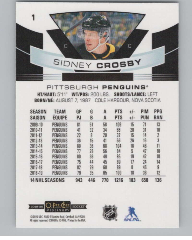 2019-20 O-Pee-Chee Platinum #1 Sidney Crosby  Pittsburgh Penguins  V100187 Image 2
