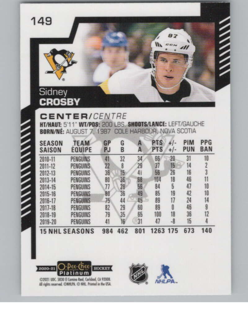 2020-21 O-Pee-Chee Platinum #149 Sidney Crosby  Pittsburgh Penguins  V100188 Image 2