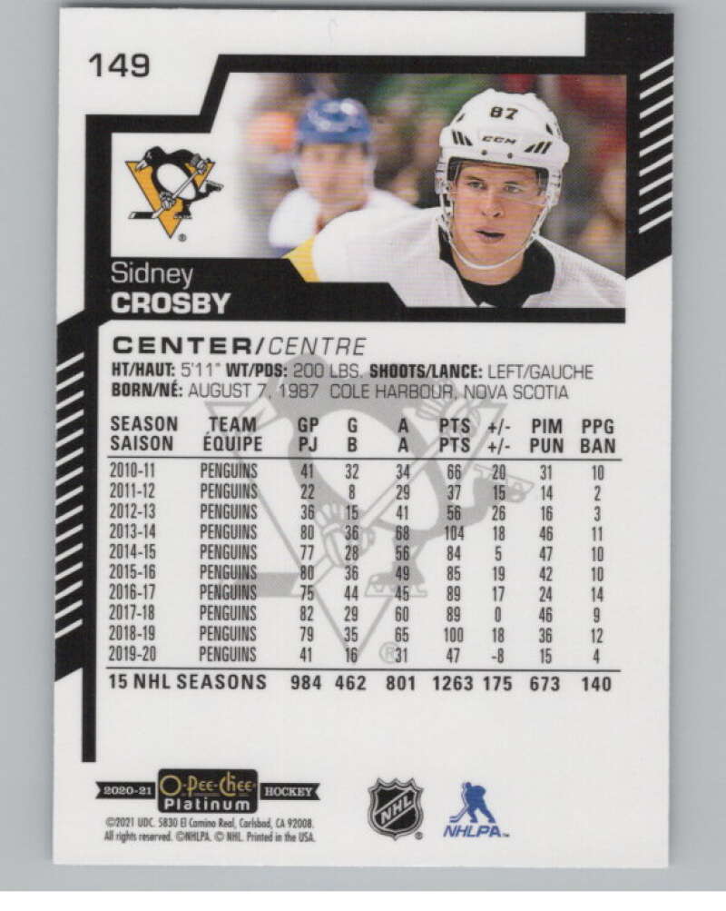 2020-21 O-Pee-Chee Platinum #149 Sidney Crosby  Pittsburgh Penguins  V100189 Image 2