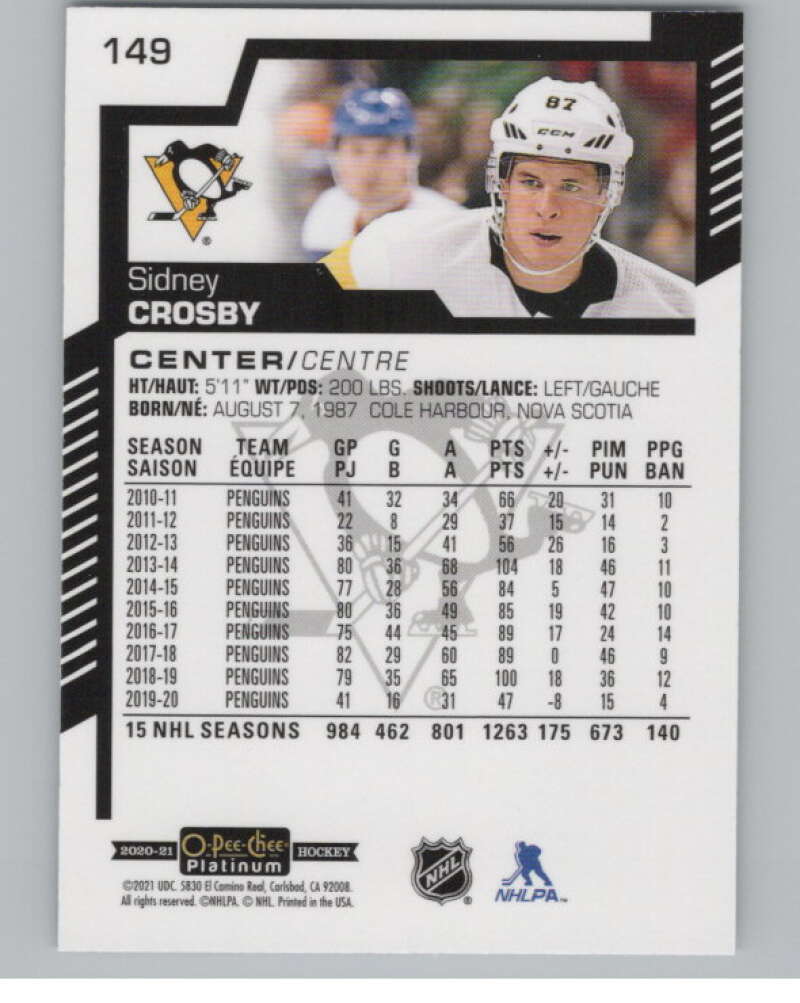 2020-21 O-Pee-Chee Platinum #149 Sidney Crosby  Pittsburgh Penguins  V100190 Image 2