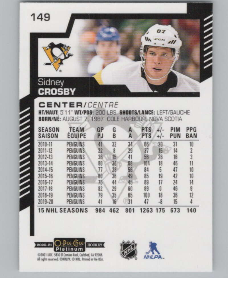 2020-21 O-Pee-Chee Platinum #149 Sidney Crosby  Pittsburgh Penguins  V100191 Image 2