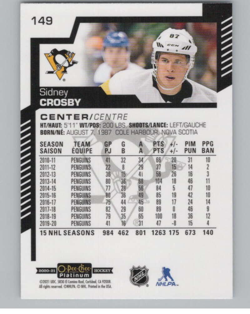 2020-21 O-Pee-Chee Platinum #149 Sidney Crosby  Pittsburgh Penguins  V100192 Image 2