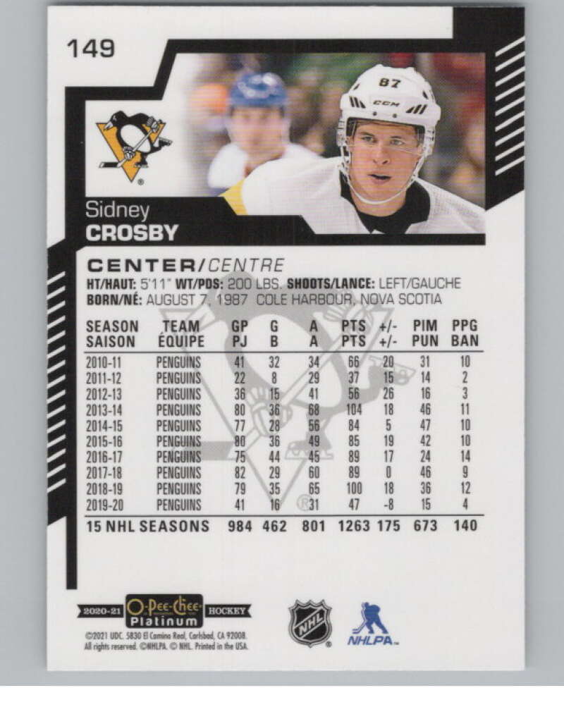 2020-21 O-Pee-Chee Platinum #149 Sidney Crosby  Pittsburgh Penguins  V100193 Image 2