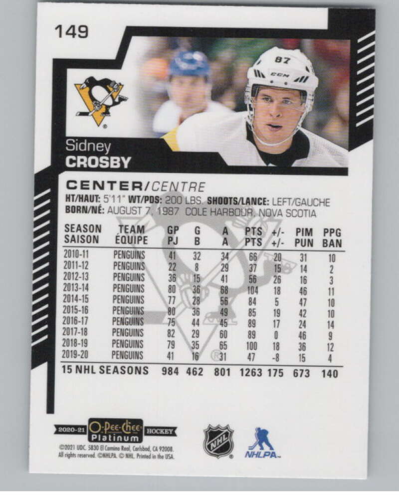 2020-21 O-Pee-Chee Platinum #149 Sidney Crosby  Pittsburgh Penguins  V100194 Image 2