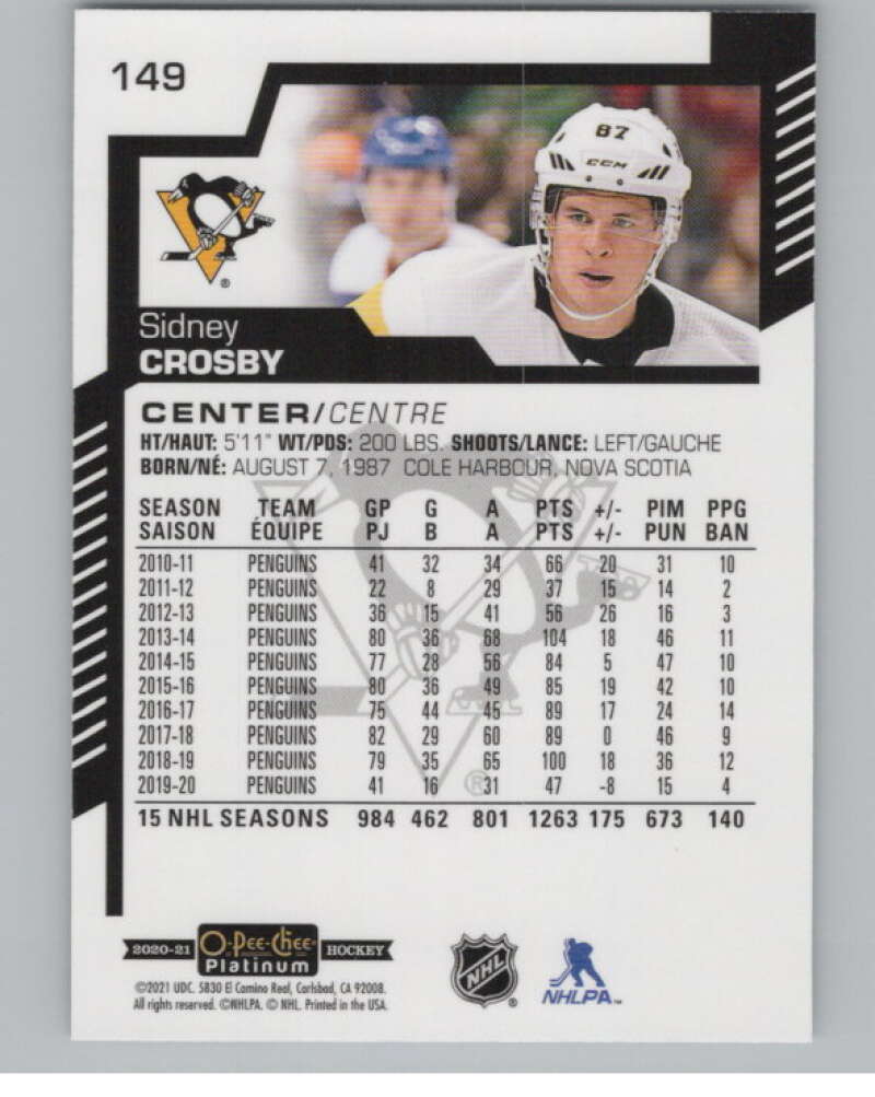 2020-21 O-Pee-Chee Platinum #149 Sidney Crosby  Pittsburgh Penguins  V100195 Image 2