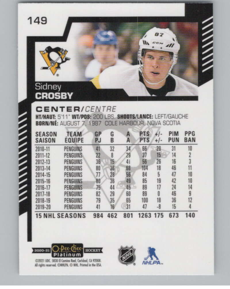 2020-21 O-Pee-Chee Platinum #149 Sidney Crosby  Pittsburgh Penguins  V100196 Image 2