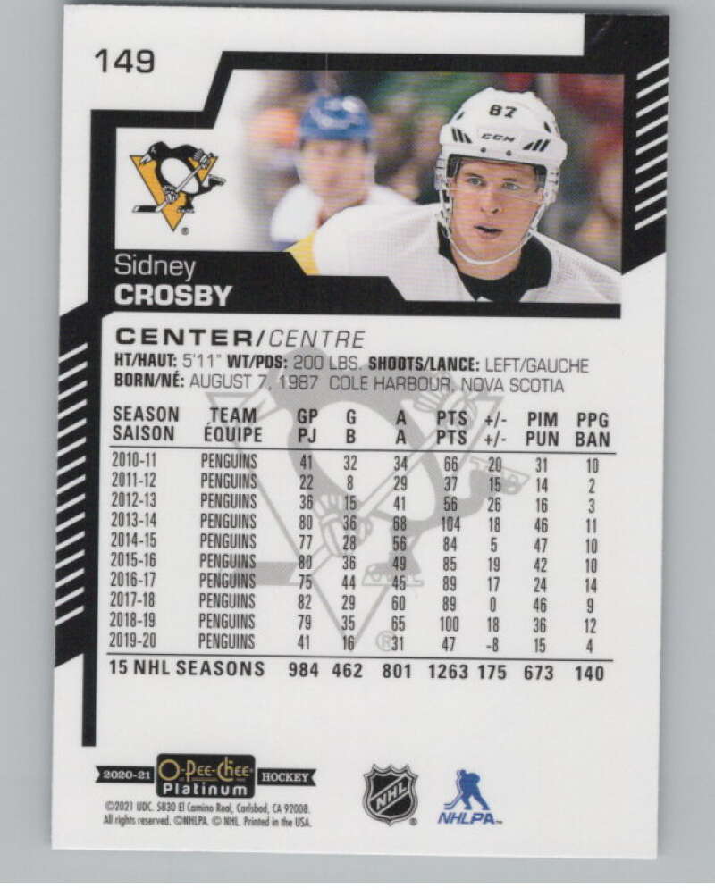 2020-21 O-Pee-Chee Platinum #149 Sidney Crosby  Pittsburgh Penguins  V100197 Image 2