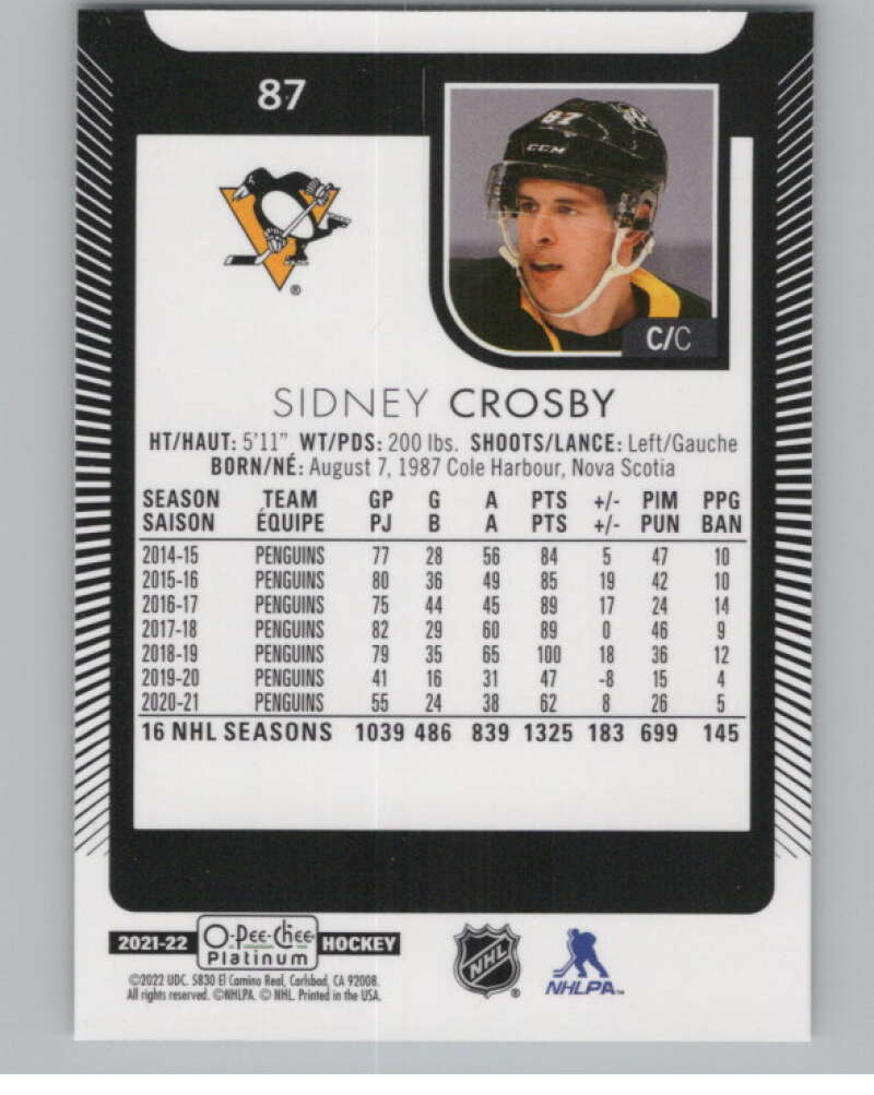 2021-22 O-Pee-Chee Platinum #87 Sidney Crosby  Pittsburgh Penguins  V100198 Image 2