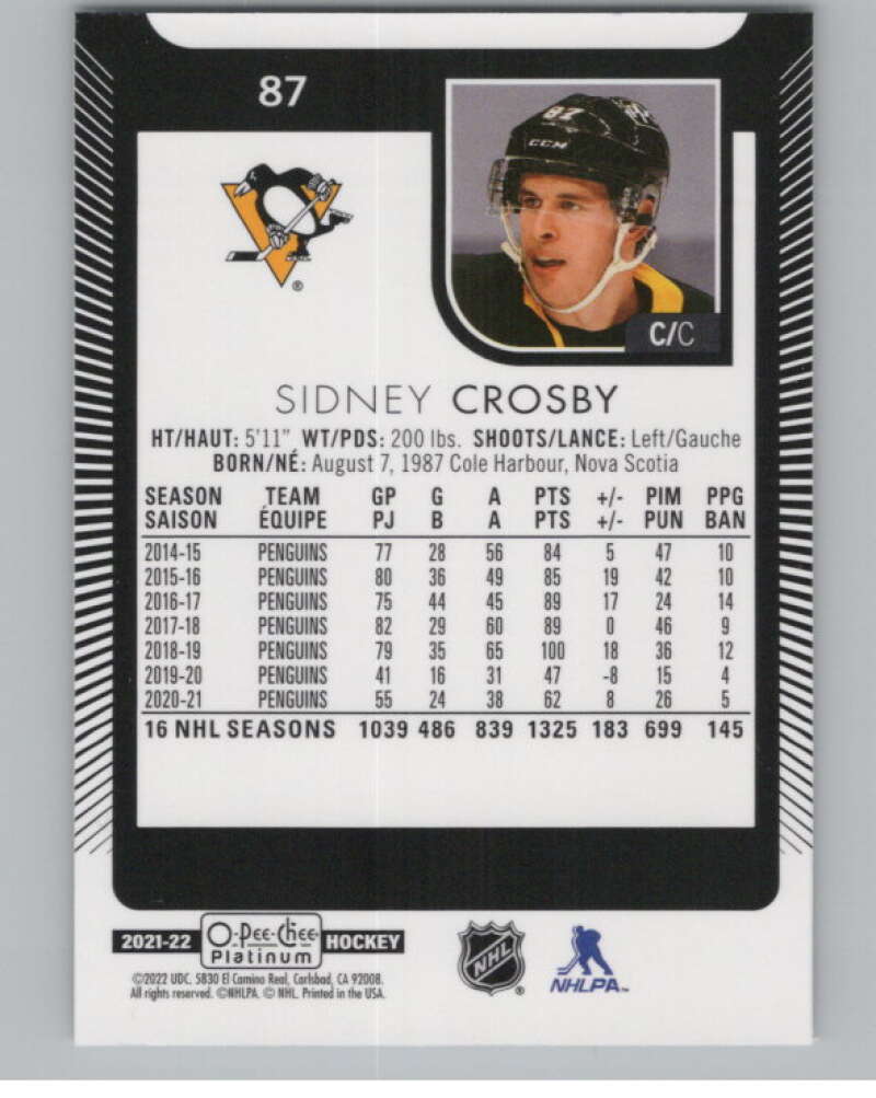 2021-22 O-Pee-Chee Platinum #87 Sidney Crosby  Pittsburgh Penguins  V100199 Image 2