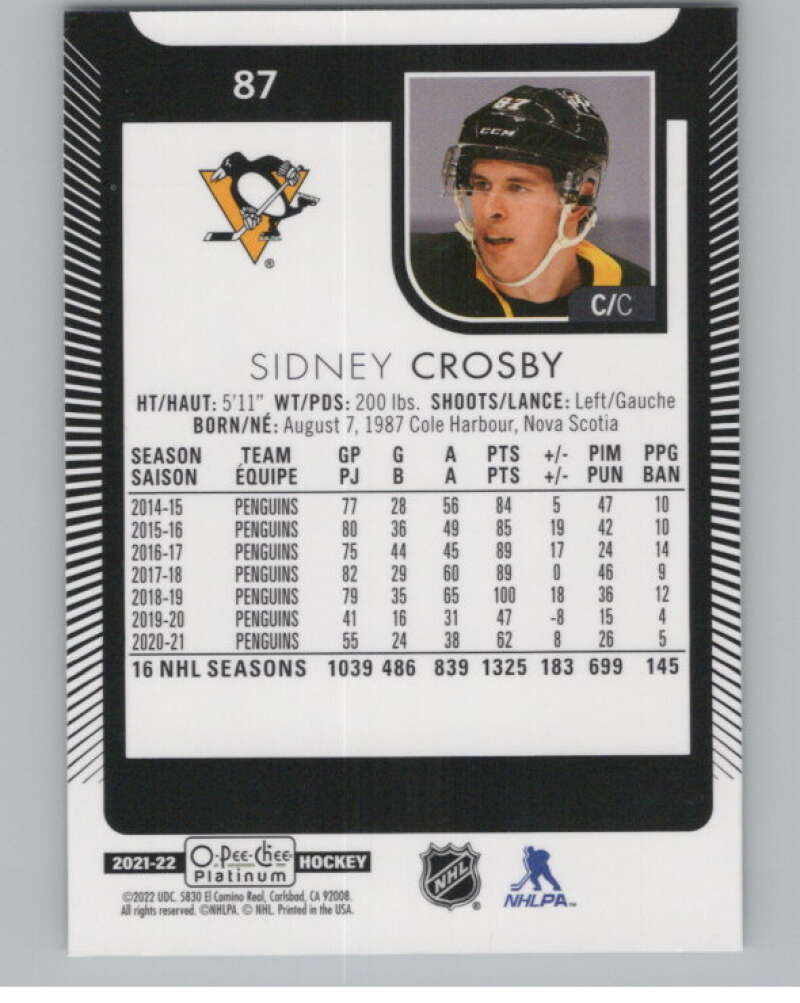 2021-22 O-Pee-Chee Platinum #87 Sidney Crosby  Pittsburgh Penguins  V100200 Image 2