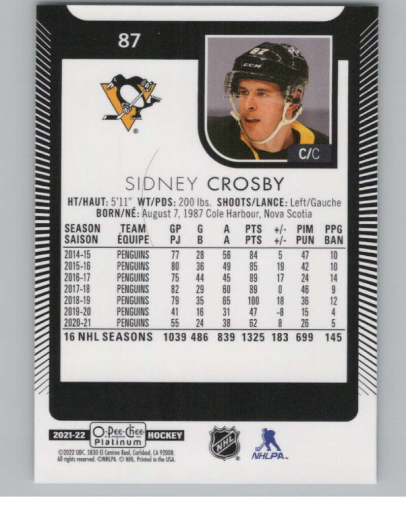 2021-22 O-Pee-Chee Platinum #87 Sidney Crosby  Pittsburgh Penguins  V100202 Image 2