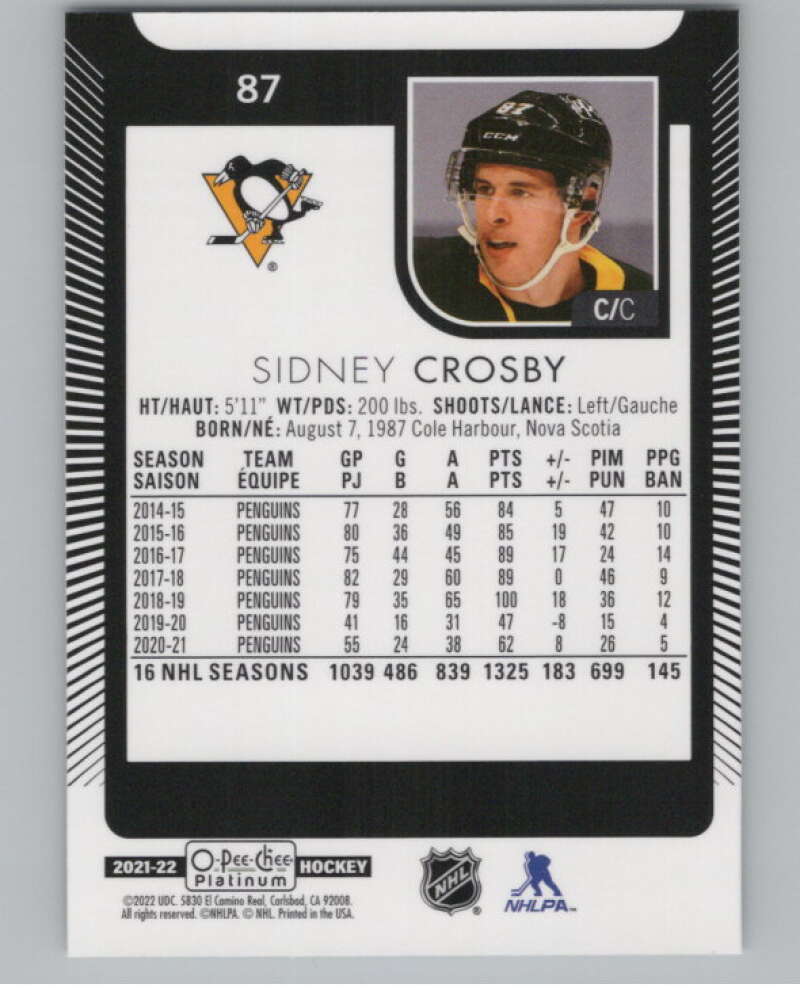 2021-22 O-Pee-Chee Platinum #87 Sidney Crosby  Pittsburgh Penguins  V100203 Image 2