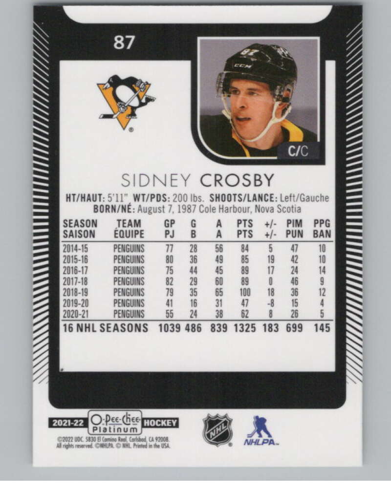 2021-22 O-Pee-Chee Platinum #87 Sidney Crosby  Pittsburgh Penguins  V100207 Image 2