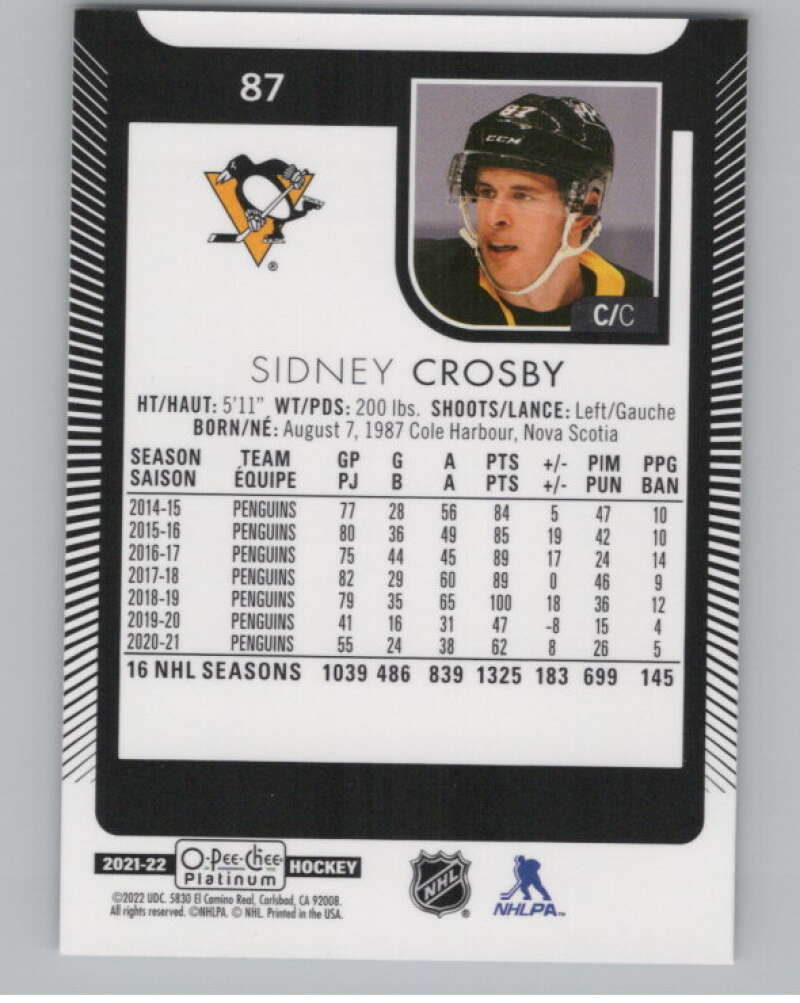 2021-22 O-Pee-Chee Platinum #87 Sidney Crosby  Pittsburgh Penguins  V100208 Image 2