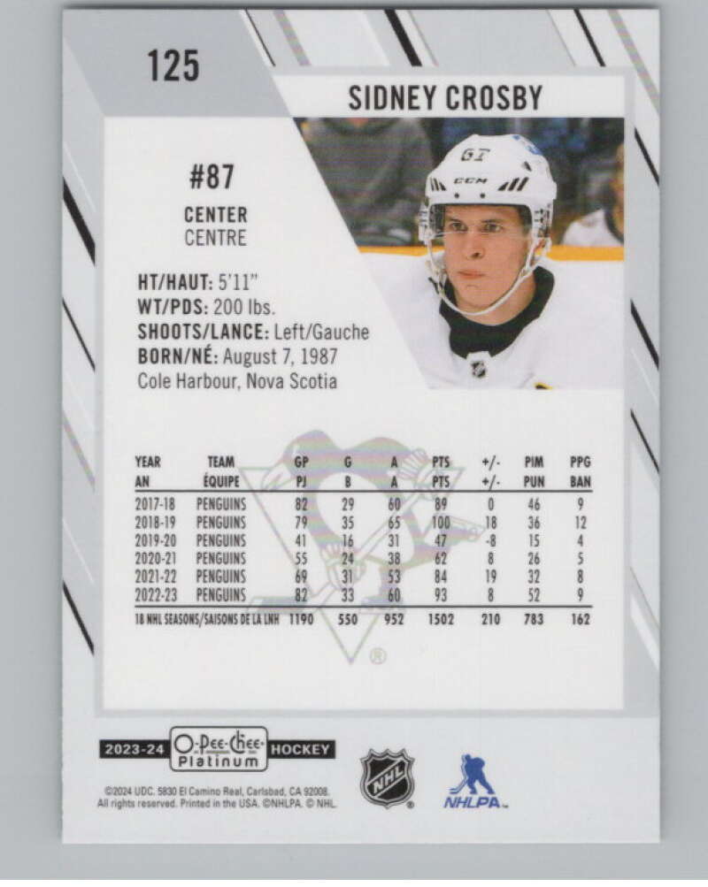 2023-24 O-Pee-Chee Platinum #125 Sidney Crosby  Pittsburgh Penguins  V100210 Image 2