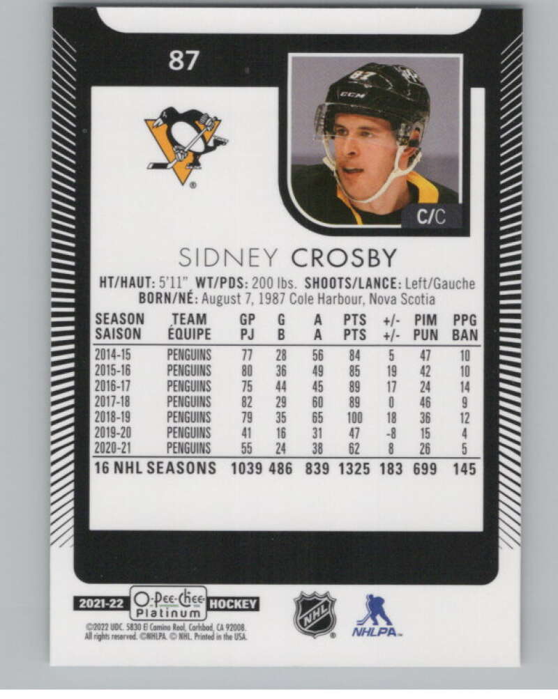 2021-22 O-Pee-Chee Platinum #87 Sidney Crosby  Pittsburgh Penguins  V100215 Image 2
