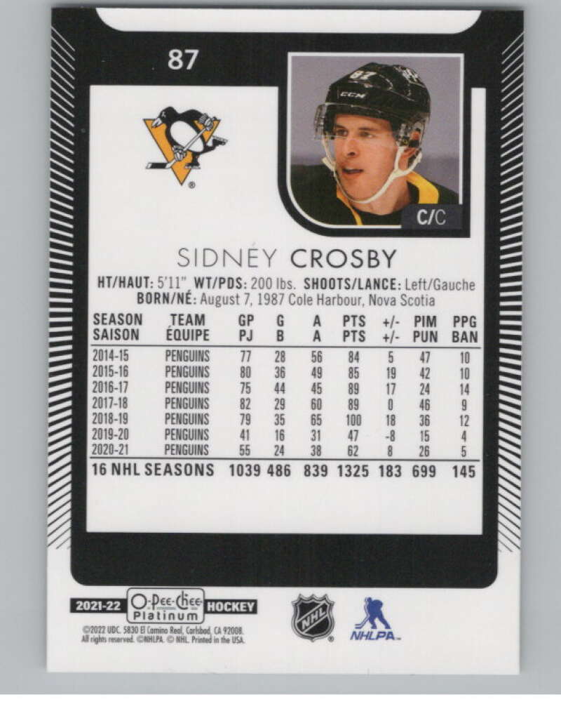 2021-22 O-Pee-Chee Platinum #87 Sidney Crosby  Pittsburgh Penguins  V100216 Image 2