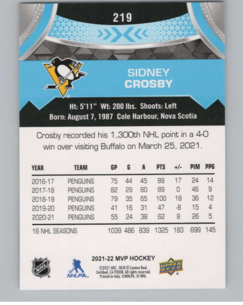 2021-22 Upper Deck MVP #219 Sidney Crosby  Pittsburgh Penguins  V100219 Image 2