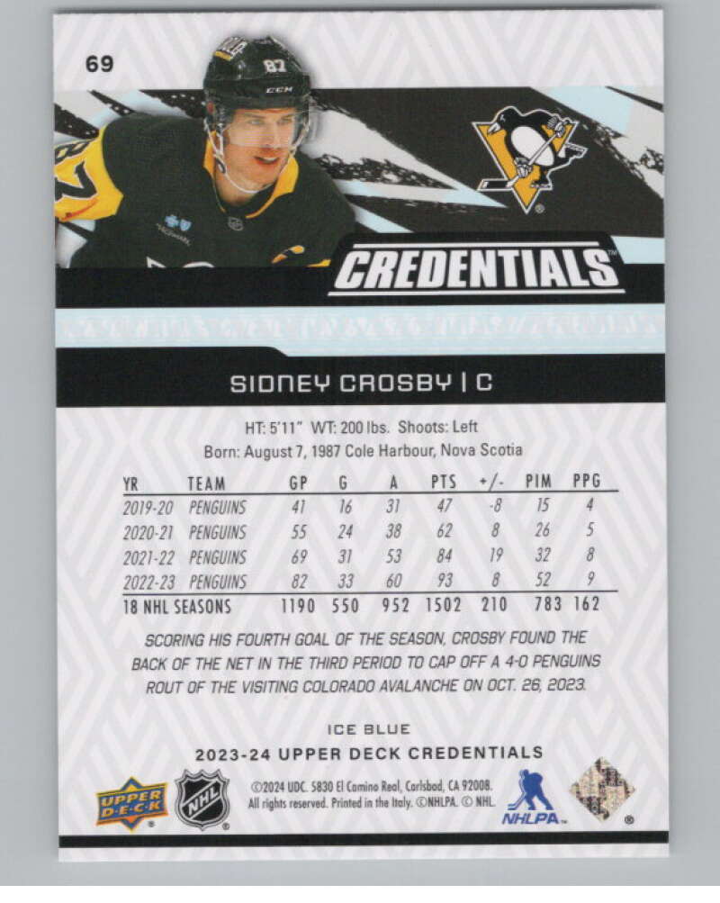 2023-24 Upper Deck Credentials #69 Sidney Crosby  Pittsburgh Penguins  V100220 Image 2