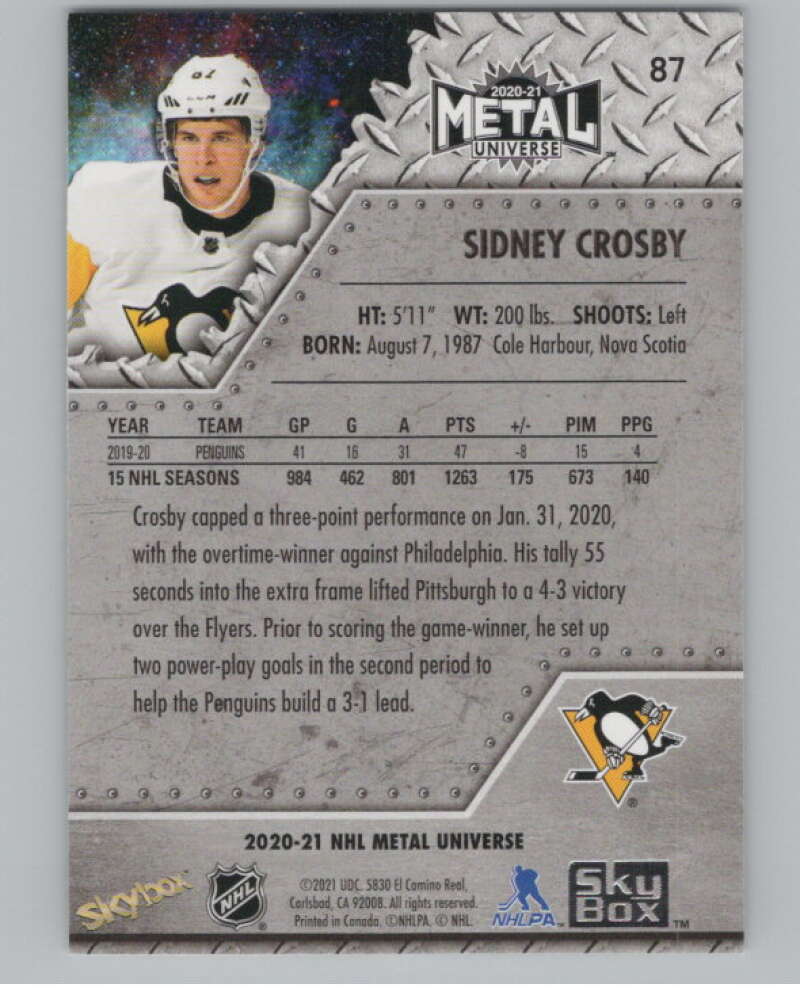 2020-21 Skybox Metal Universe #87 Sidney Crosby  Pittsburgh Penguins  V100225 Image 2