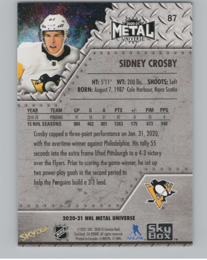 2020-21 Skybox Metal Universe #87 Sidney Crosby  Pittsburgh Penguins  V100228 Image 2