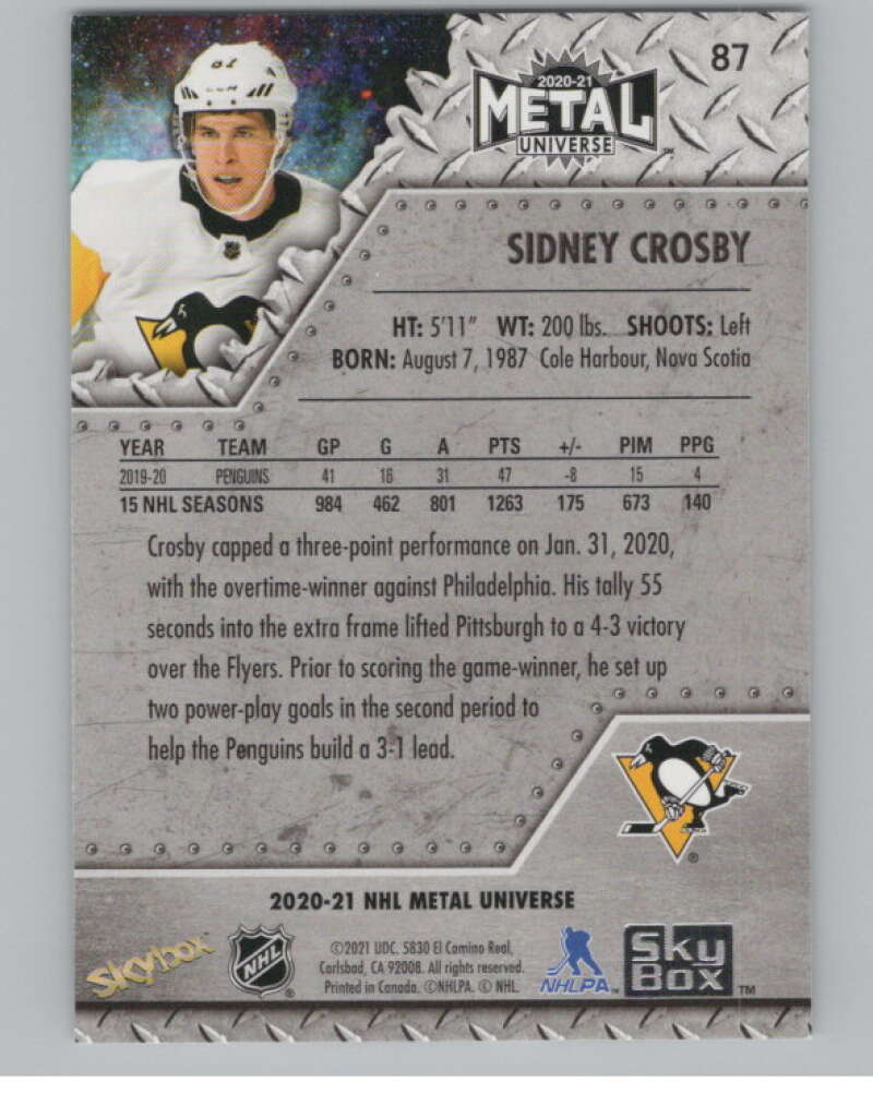 2020-21 Skybox Metal Universe #87 Sidney Crosby  Pittsburgh Penguins  V100229 Image 2
