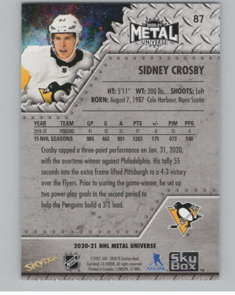 2020-21 Skybox Metal Universe #87 Sidney Crosby  Pittsburgh Penguins  V100230 Image 2