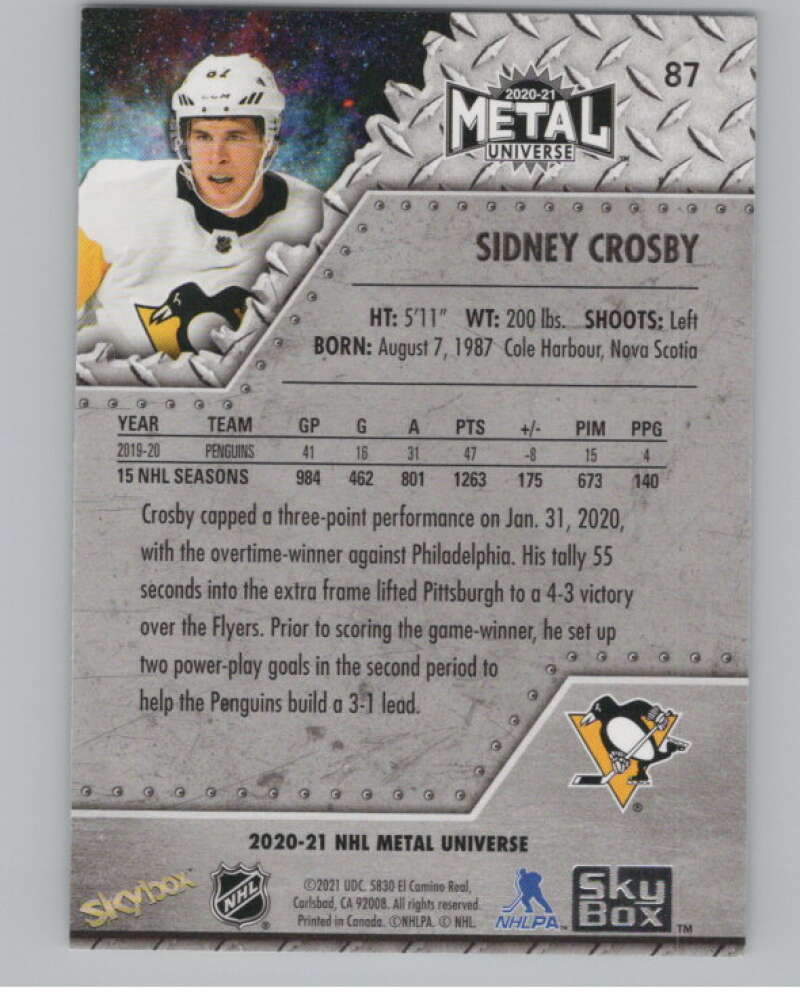 2020-21 Skybox Metal Universe #87 Sidney Crosby  Pittsburgh Penguins  V100233 Image 2