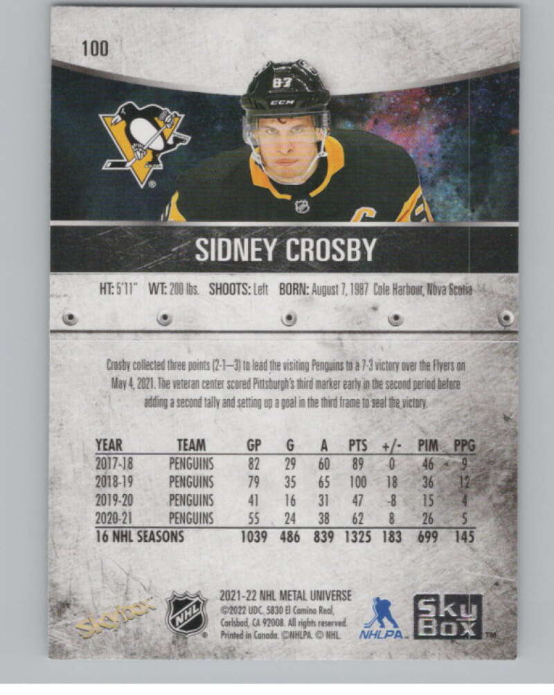 2021-22 Skybox Metal Universe #100 Sidney Crosby  Pittsburgh Penguins  V100234 Image 2