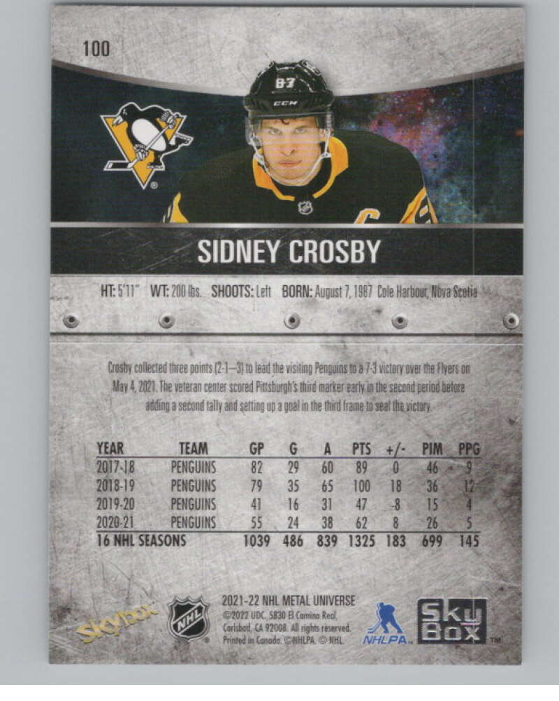 2021-22 Skybox Metal Universe #100 Sidney Crosby  Pittsburgh Penguins  V100245 Image 2