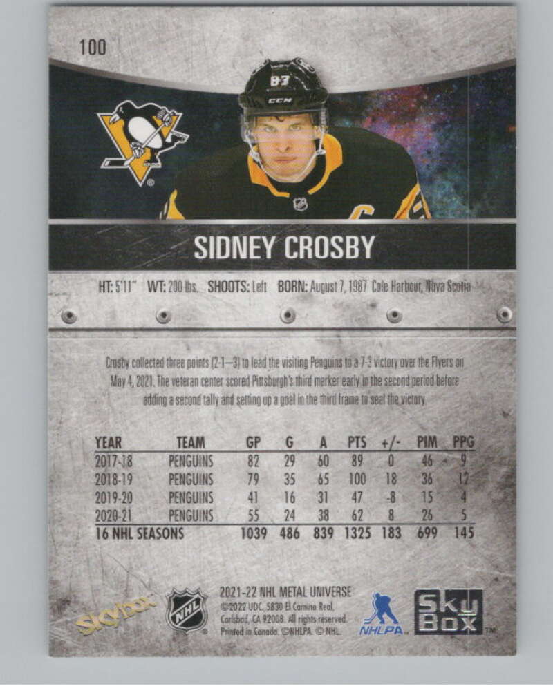 2021-22 Skybox Metal Universe #100 Sidney Crosby  Pittsburgh Penguins  V100247 Image 2