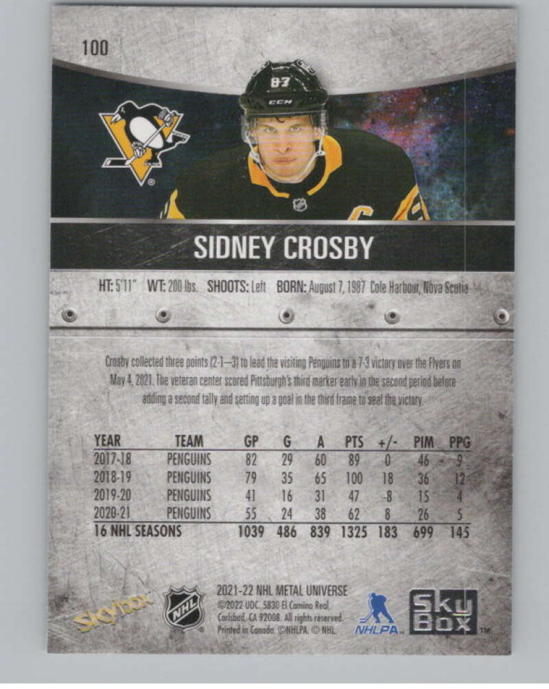 2021-22 Skybox Metal Universe #100 Sidney Crosby  Pittsburgh Penguins  V100250 Image 2