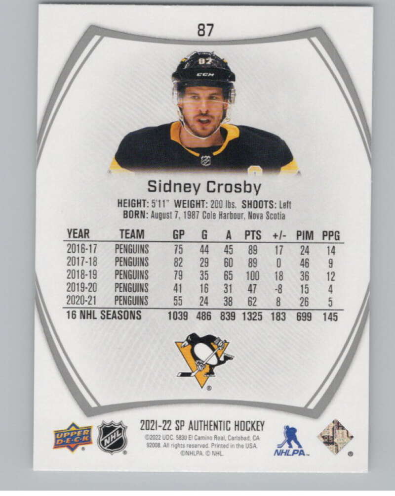 2021-22 SP Authentic #87 Sidney Crosby  Pittsburgh Penguins  V100252 Image 2
