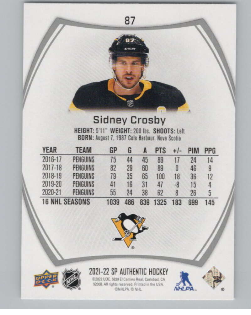 2021-22 SP Authentic #87 Sidney Crosby  Pittsburgh Penguins  V100253 Image 2