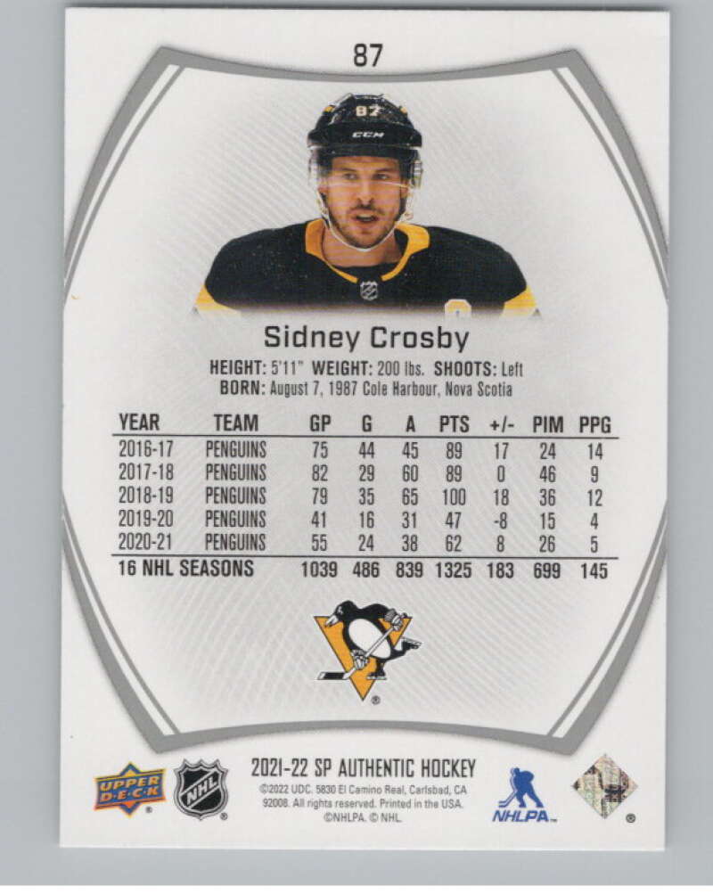 2021-22 SP Authentic #87 Sidney Crosby  Pittsburgh Penguins  V100254 Image 2