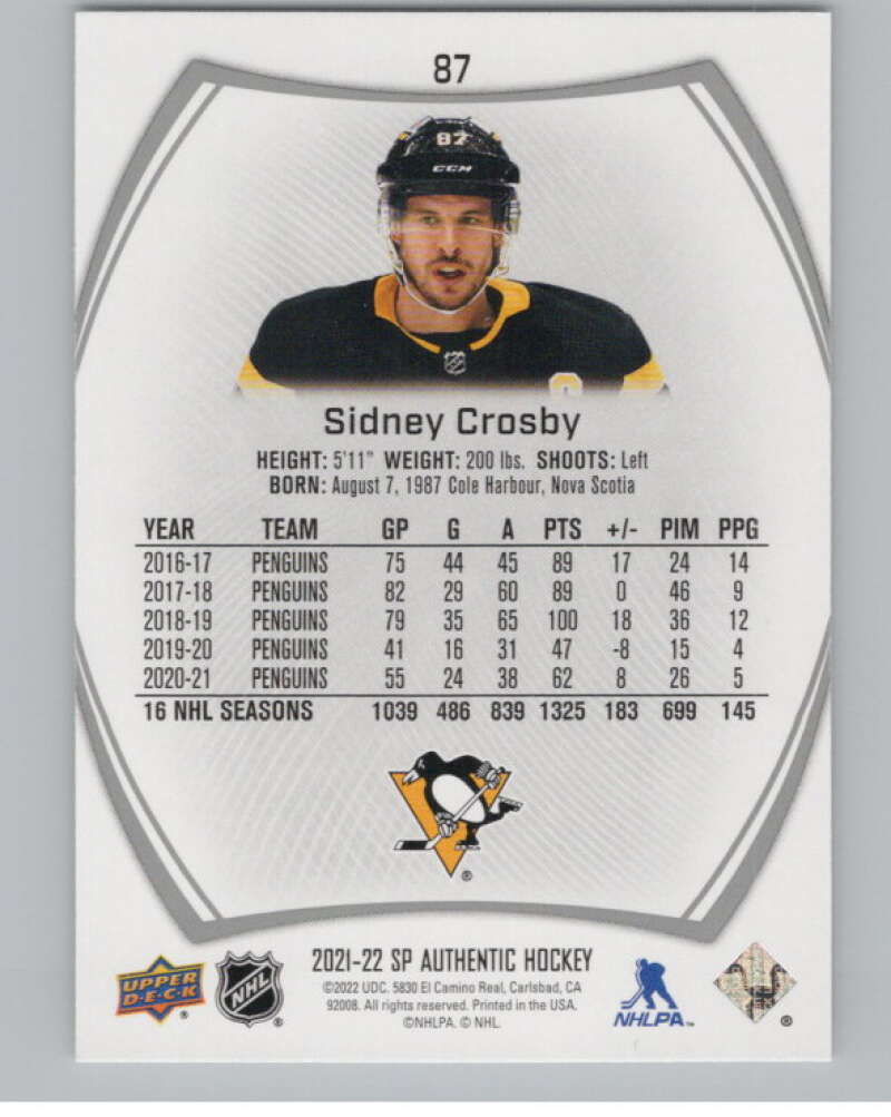 2021-22 SP Authentic #87 Sidney Crosby  Pittsburgh Penguins  V100255 Image 2