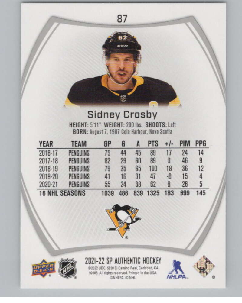 2021-22 SP Authentic #87 Sidney Crosby  Pittsburgh Penguins  V100256 Image 2