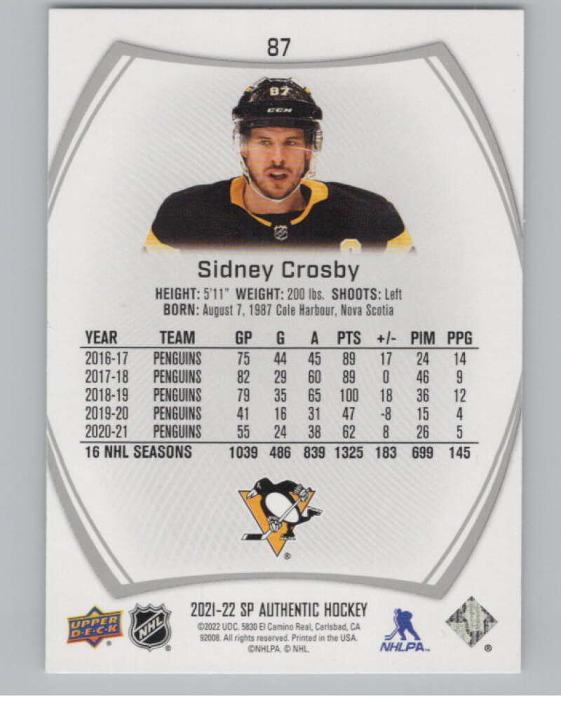 2021-22 SP Authentic #87 Sidney Crosby  Pittsburgh Penguins  V100257 Image 2