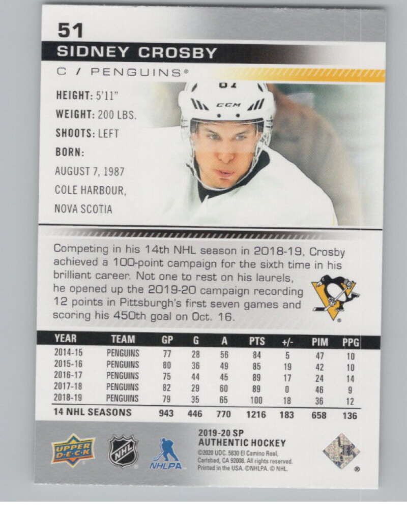 2019-20 SP Authentic #51 Sidney Crosby  Pittsburgh Penguins  V100258 Image 2