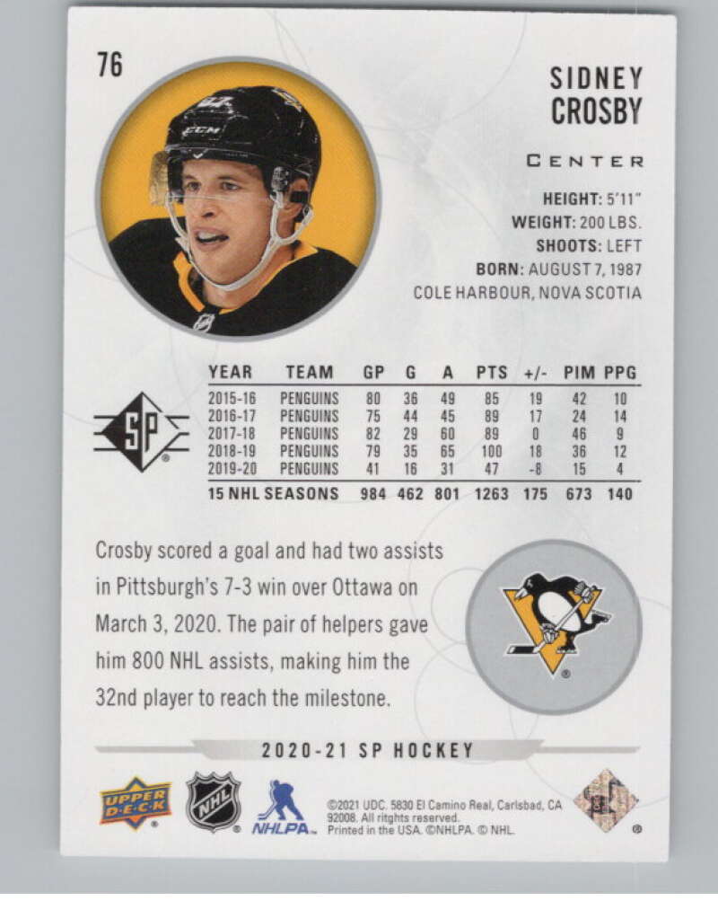 2020-21 SP #76 Sidney Crosby  Pittsburgh Penguins  V100259 Image 2