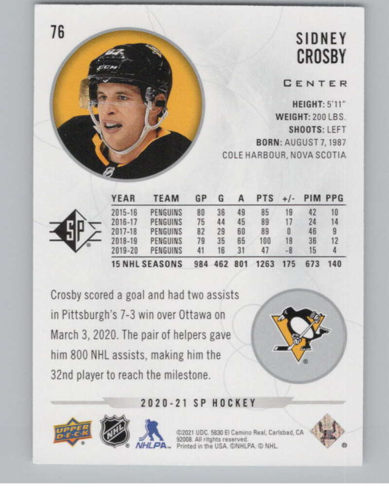 2020-21 SP #76 Sidney Crosby  Pittsburgh Penguins  V100260 Image 2