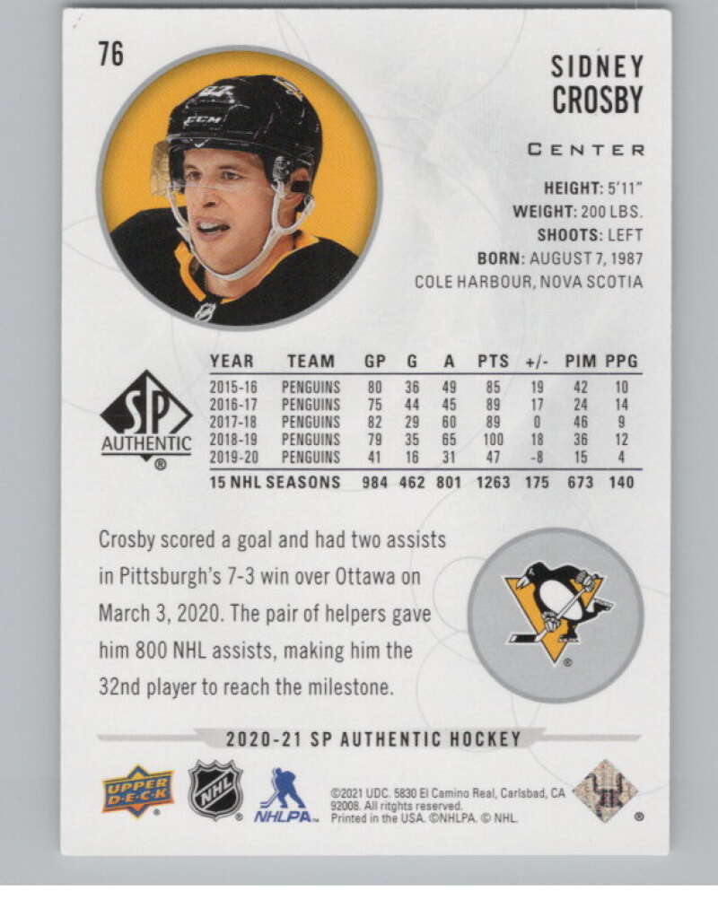 2020-21 SP #76 Sidney Crosby  Pittsburgh Penguins  V100262 Image 2