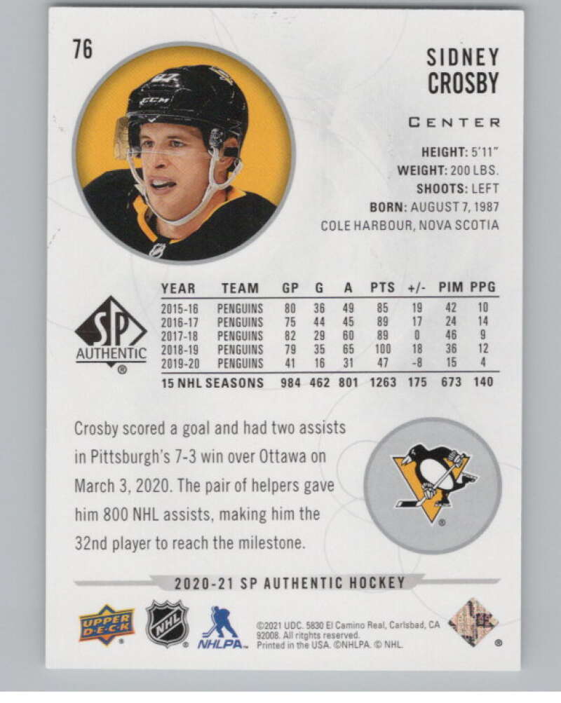 2020-21 SP #76 Sidney Crosby  Pittsburgh Penguins  V100263 Image 2
