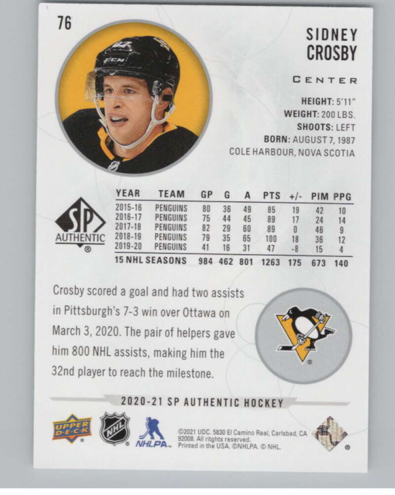 2020-21 SP #76 Sidney Crosby  Pittsburgh Penguins  V100264 Image 2
