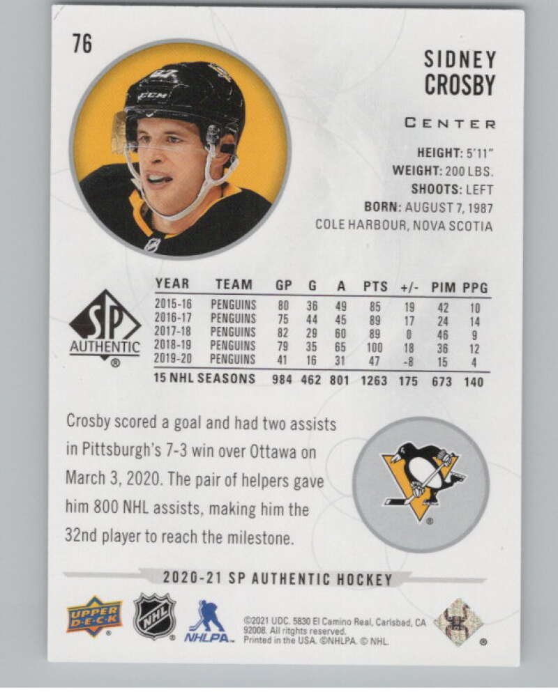 2020-21 SP #76 Sidney Crosby  Pittsburgh Penguins  V100265 Image 2