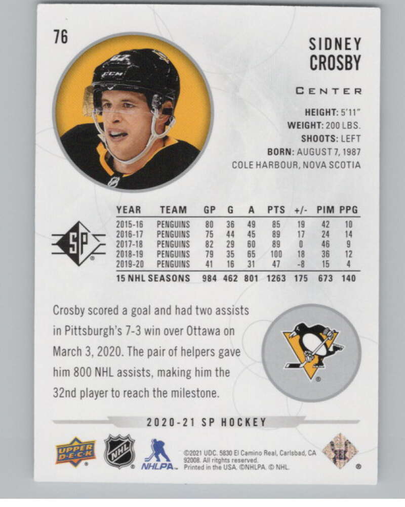 2020-21 SP #76 Sidney Crosby  Pittsburgh Penguins  V100267 Image 2