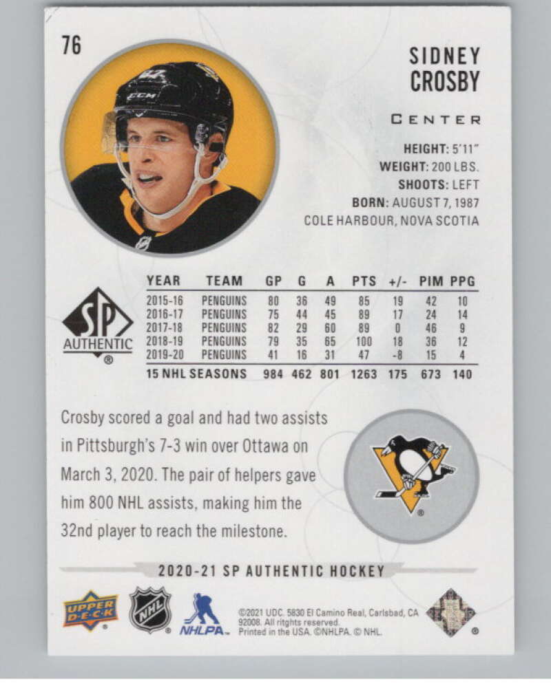 2020-21 SP #76 Sidney Crosby  Pittsburgh Penguins  V100275 Image 2